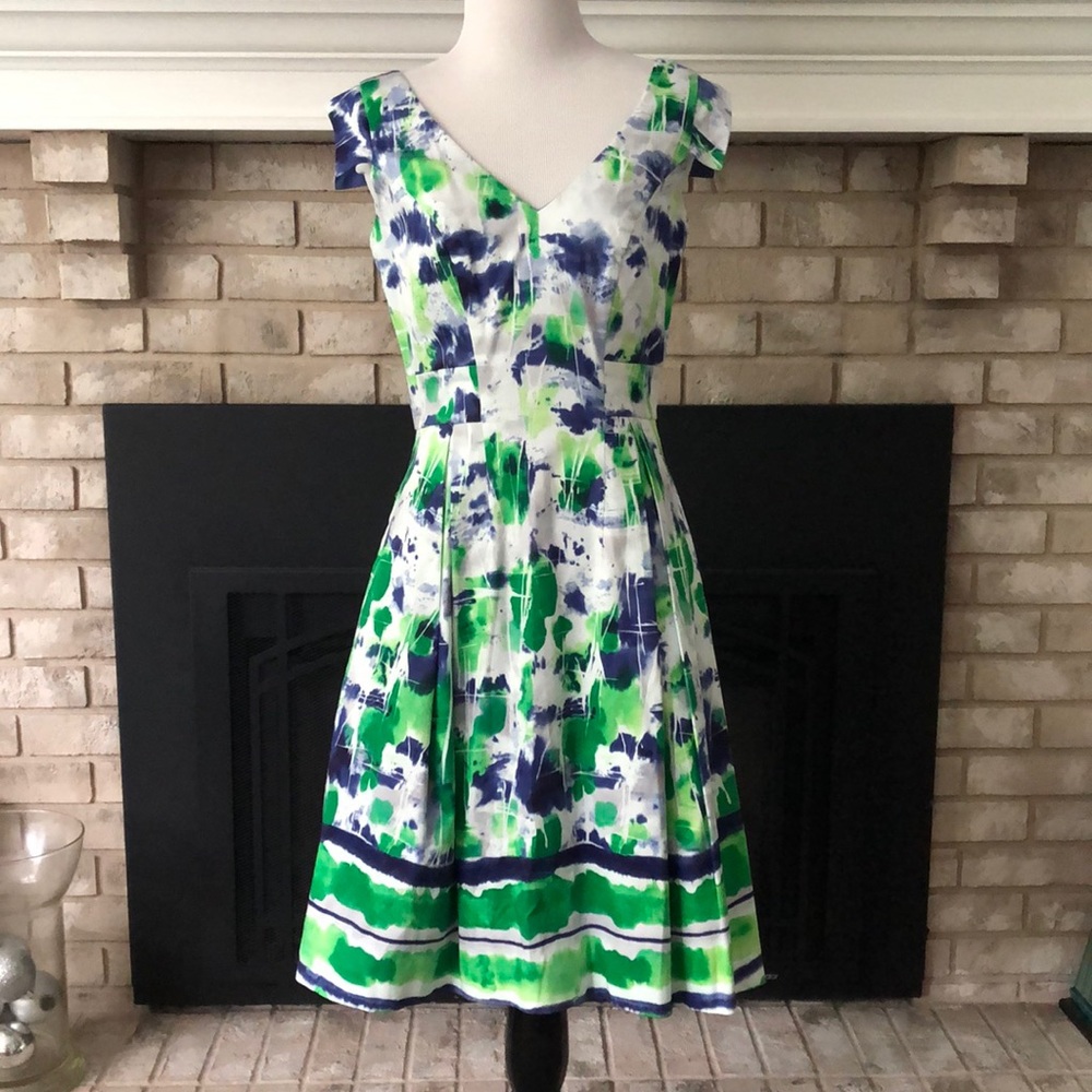Aidan Mattox Blue Green White Capped Sleeves Fit & Flare Dress size 2